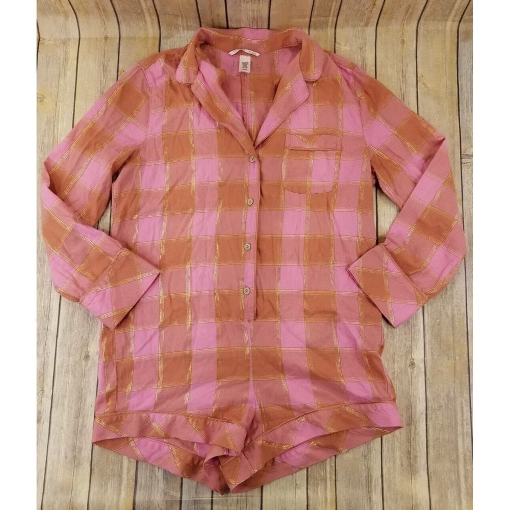 Victoria's Secret Women’s Long Sleeve Button-Up Pajama Romper S Pink Plaid B19 - Picture 1 of 9